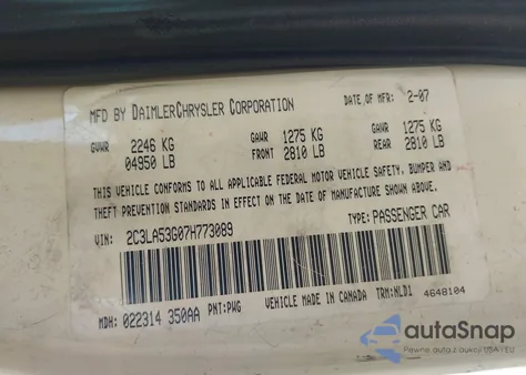 2007 Chrysler 300 Touring from USA, damaged, VIN 2C3LA53G07H773089